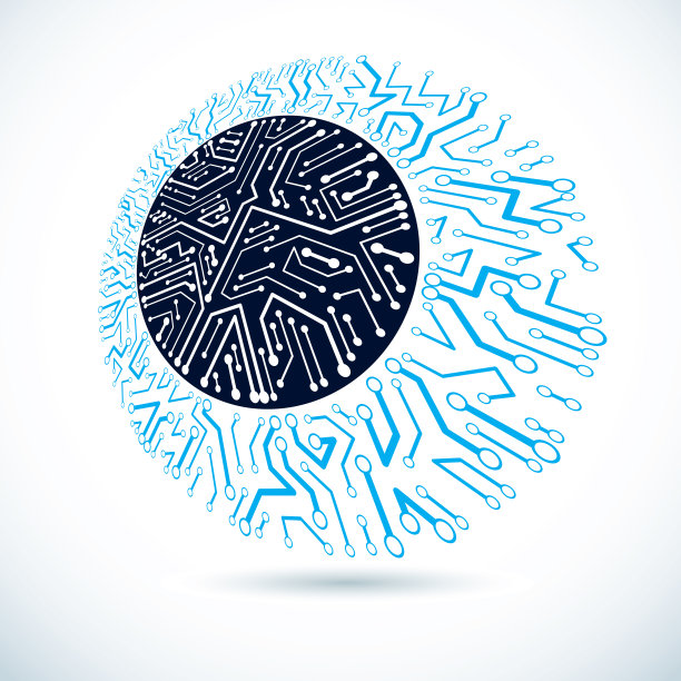 矢量芯片设计，cpu。信息通信技术元件，线路板呈圆形。图片下载