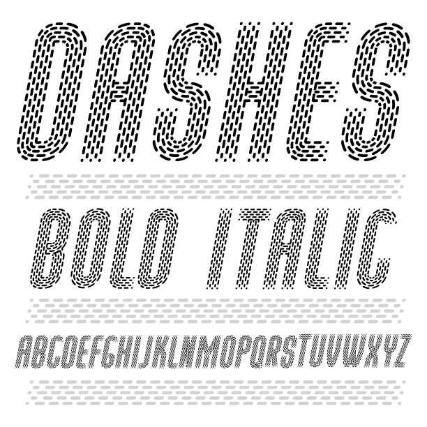 向量funky浓缩的大写英文字母集合。圆角加粗斜体复古式字体，从a到z的脚本可用于海报、书籍的创作。由平行虚线构成。图片下载