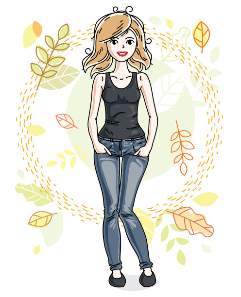 迷人的年轻金发女子站在秋天的风景和穿着时尚的休闲衣服的背景。矢量插图。图片下载