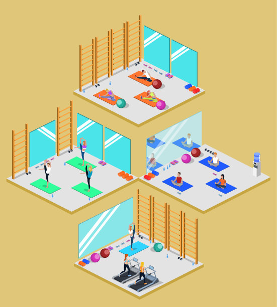 瑜伽课和普拉提课上，人们都在做运动等距三维矢量插图图片下载