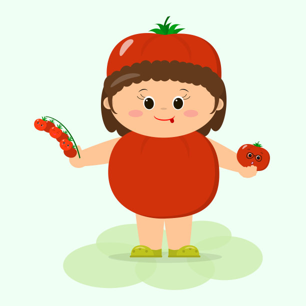 一个穿着番茄套装的可爱的孩子手里拿着一棵蔬菜。图片下载