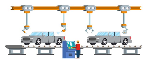 汽车装配输送线。机器人汽车机械行业概念。图片下载