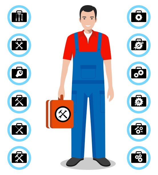 维修服务理念。详细说明大师修理在平面风格。简单的图标设置:扳手，螺丝刀，锤子和齿轮。服务图标或按钮隔离在白色背景上。向量。图片下载