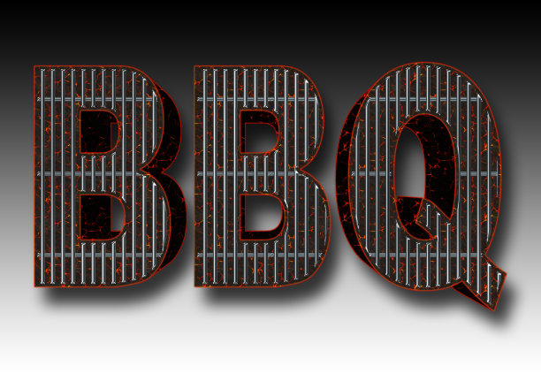 股票插图-大燃烧煤炭形状像文本:烧烤，3D插图，对抗黑白梯度背景。图片下载