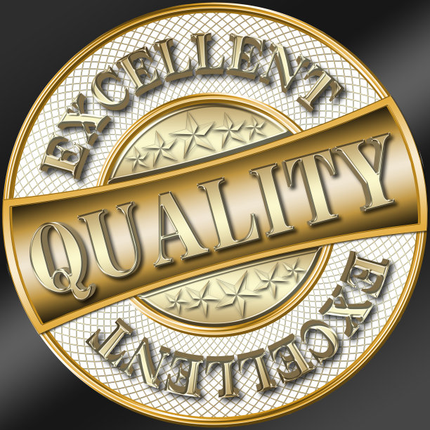 股票插图-金色徽章:优秀质量，金色文字:优秀，金色文字:质量，3D插图，圆形形状，黑色背景。图片下载
