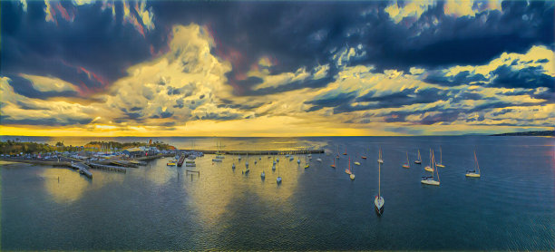 日落时分的码头和游艇图片下载