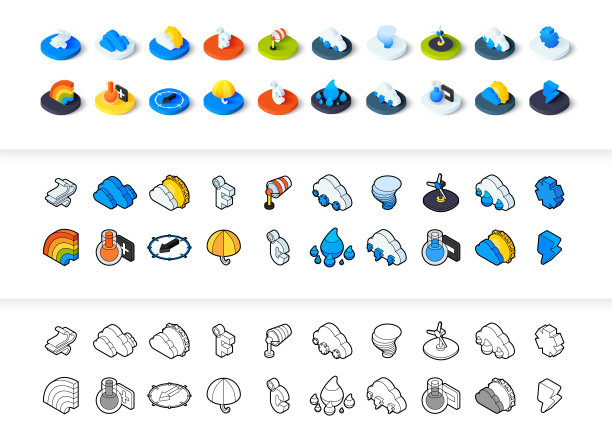 不同风格的图标集-等距平面和otline，彩色和黑色版本素材图片