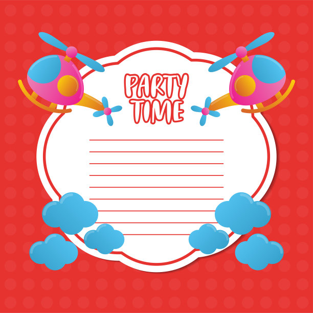 可爱的红色生日贺卡与直升机和云图片下载