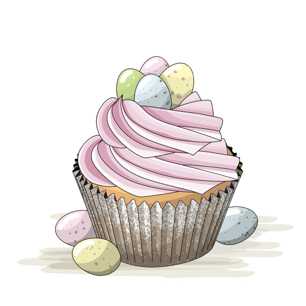 复活节动机，粉红奶油和彩色小鸡蛋纸杯蛋糕，插图图片下载