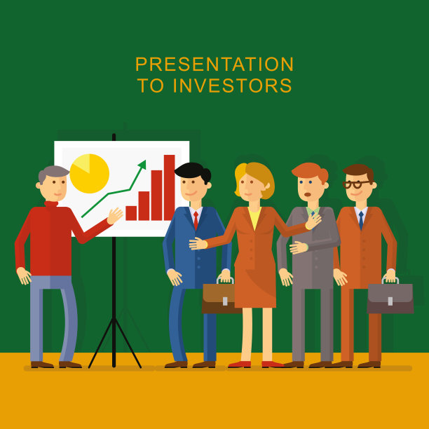 平面图片:办公室里的男人向投资者介绍一个初创项目。展示了西装中带着公文包的商人和投资不断增加的女商人日程安排图片下载