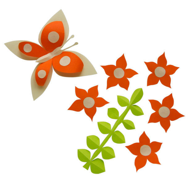 纸上可爱的艺术花与蝴蝶孤立在白色的背景图片下载