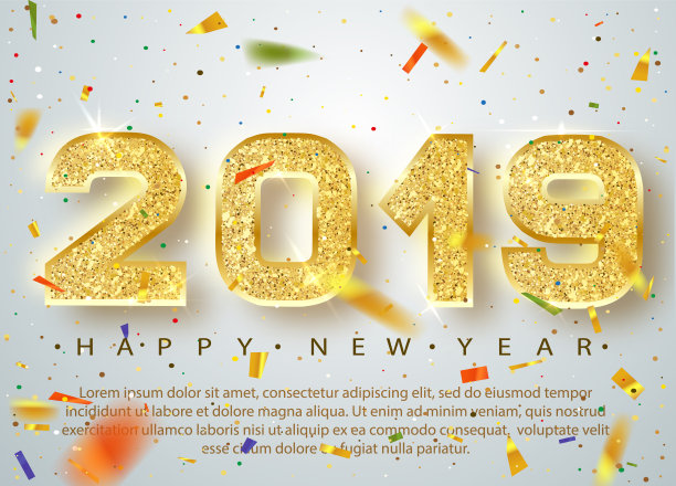 2019新年快乐。金色数字的贺卡设计的闪闪发光的五彩纸屑。黄金闪光模式。新年横幅与2018数字在明亮的背景。向量10每股收益图片下载