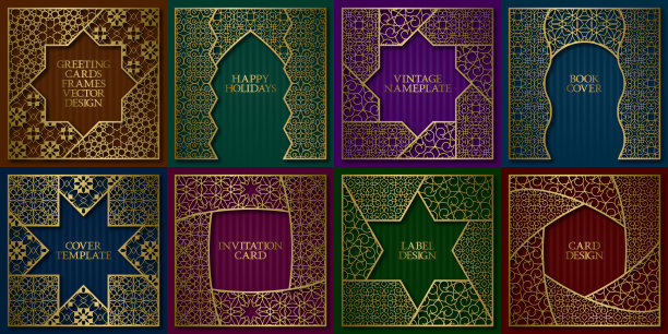 金色图案的框架集。复古设计的贺卡背景在亚洲传统风格。宣传册、书皮、铭牌、标签模板。图片下载