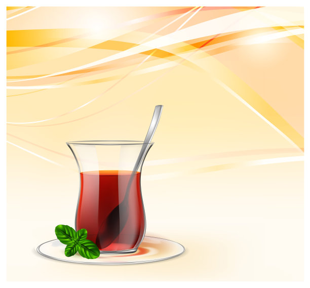 土耳其红茶杯，银匙和薄荷黄色波浪背景。茶叶广告插图图片下载