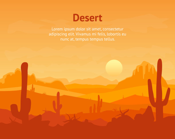 卡通沙漠与剪影仙人掌和山卡片海报。向量图片下载