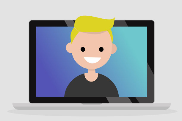 笔记本电脑屏幕上一个微笑的千禧男孩的肖像。沟通。平面可编辑矢量插图，剪辑艺术图片下载