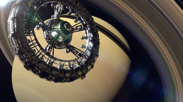土星轨道上的高细节空间站，太空飞船任务，科幻插画(3d渲染)图片下载