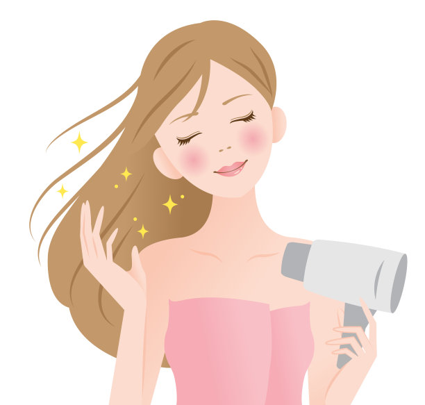 美丽的年轻女子用吹风机吹她的长发素材图片