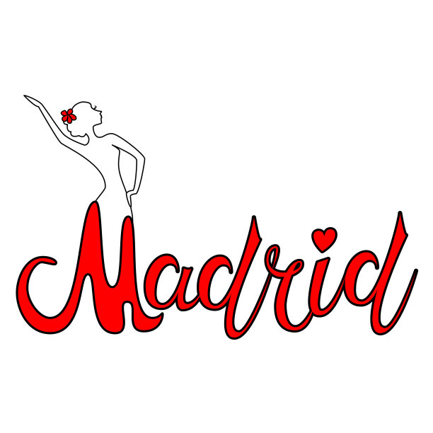 美丽的手写文字排版设计欧洲欧洲城市马德里的名字标志与剪影舞蹈弗拉明戈舞者适合旅游或访问推广图片下载