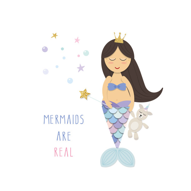 小美人鱼和独角兽玩具。可爱的卡通人物。向量图片下载