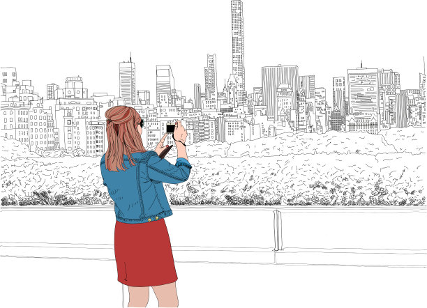 矢量插画：时尚女性拍摄纽约市天际线图片下载