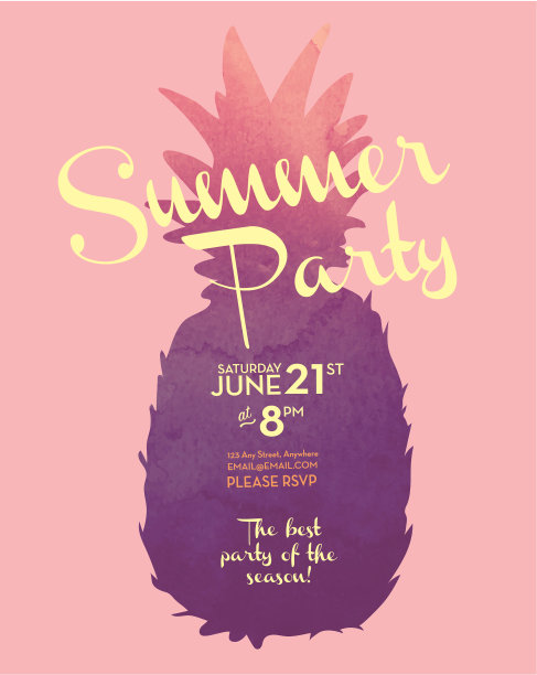 夏日派对菠萝水彩邀请设计模板图片下载