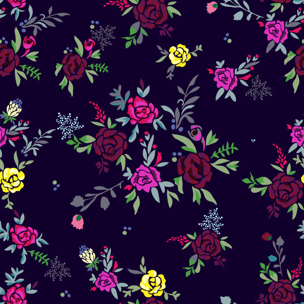 花卉无缝图案与花，矢量图案的织物印花和刺绣。素材图片