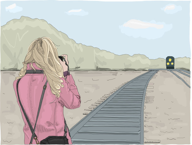 矢量插画：女人拍摄火车图片下载