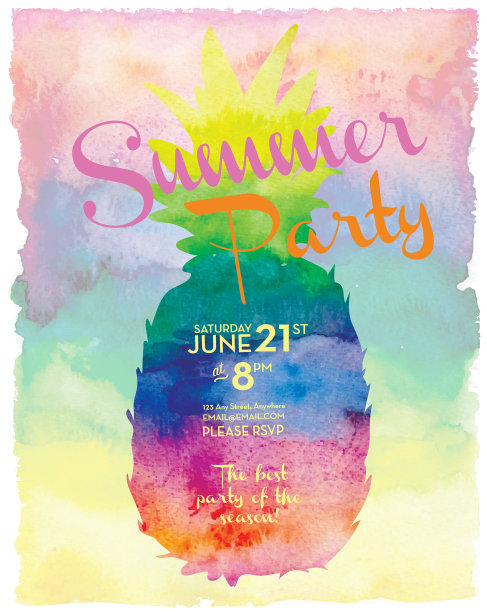 夏日派对菠萝水彩邀请设计模板图片下载