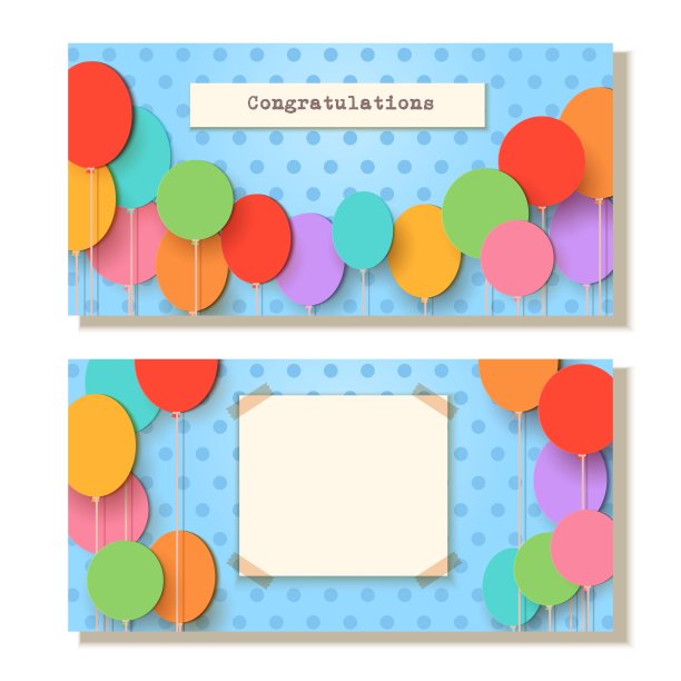 贺卡模板。飞舞的纸在蓝色背景上剪气球。向量贴花插图。平面节日气球装饰设计庆祝传单，派对横幅，卡片，礼物图片下载