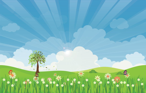 春夏季的草甸景观有阳光和鲜花。图片下载