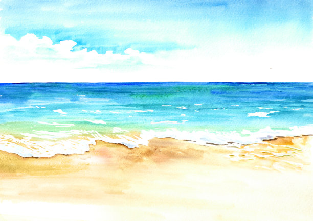 夏日的热带海滩，金色的沙滩和海浪。手绘水彩插图素材图片