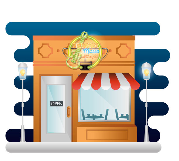 酒吧热带音乐建筑立面与霓虹灯标签图片下载