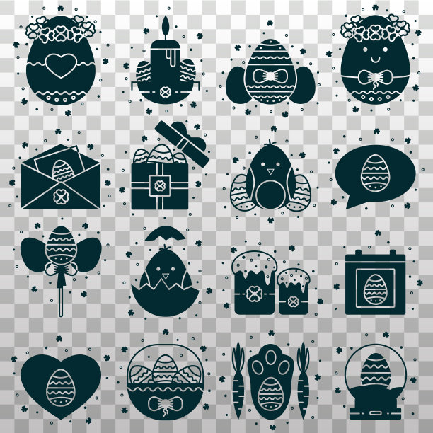 一套复活节黑色剪影图标:装饰鸡蛋，日历，鸡，礼物，篮子，消息框和信封。春天基督教节日的标志、符号、物件、象形文字。图片下载