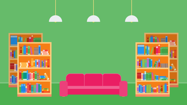 有书架和沙发的办公室，工作场所和图书馆。很多书。平的风格。矢量图图片下载
