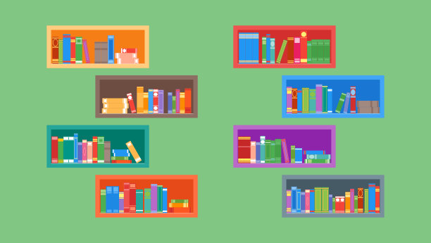 书架上有不同的书。孤立在绿色背景上。平的风格。矢量图图片下载