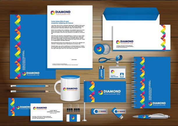 企业形象模板设计矢量抽象文具，礼品彩色促销纪念品等元素。链接数字技术集，图片下载