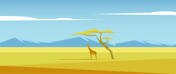 非洲矢量景观与长颈鹿站在大草原和山脉中间的槐树下的距离。热带草原插画中的相思和长颈鹿。非洲的自然图片下载