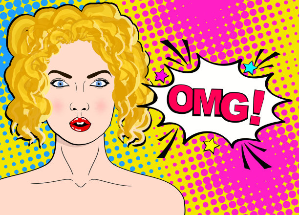 惊讶的金发流行艺术女子睁大了眼睛，嘴巴和话OMG图片下载