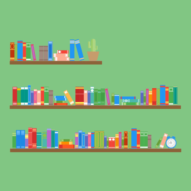 书架上有不同的书。孤立在绿色背景上。平的风格。矢量图图片下载