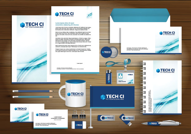 企业形象模板设计矢量抽象文具，礼品彩色促销纪念品等元素。链接数字技术集，图片下载
