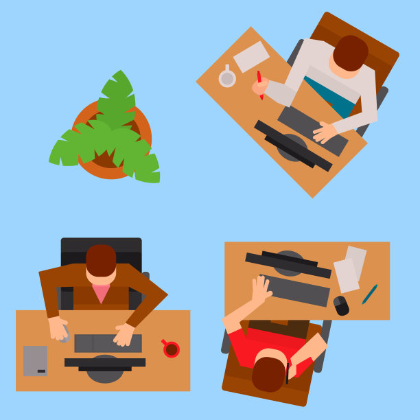 工作场所办公桌子向量业务人员团队工作过程办公室概念网络现代工作桌俯视图平面插图图片下载