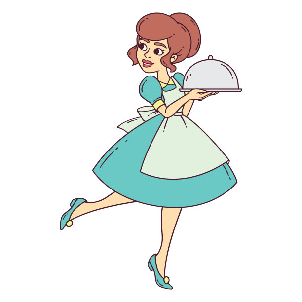 端着托盘的漂亮服务员。图片下载