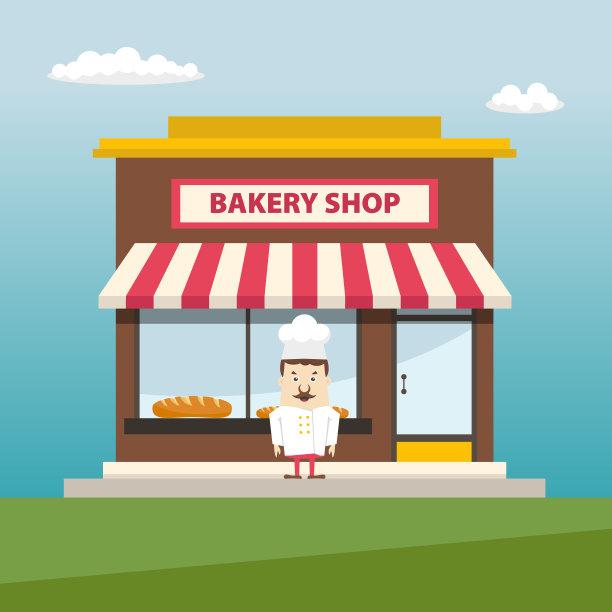 面包店前视图与面包师。平面设计。图片下载