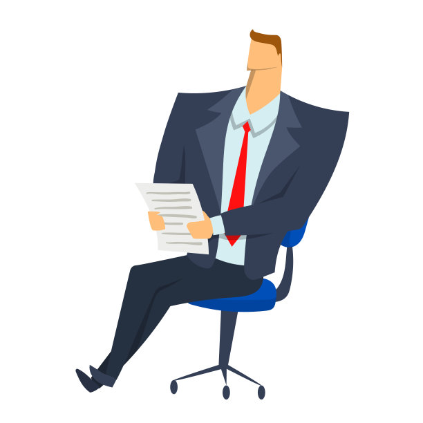 商人坐在椅子上，手里拿着文件。字符矢量插图孤立在白色背景上。图片下载