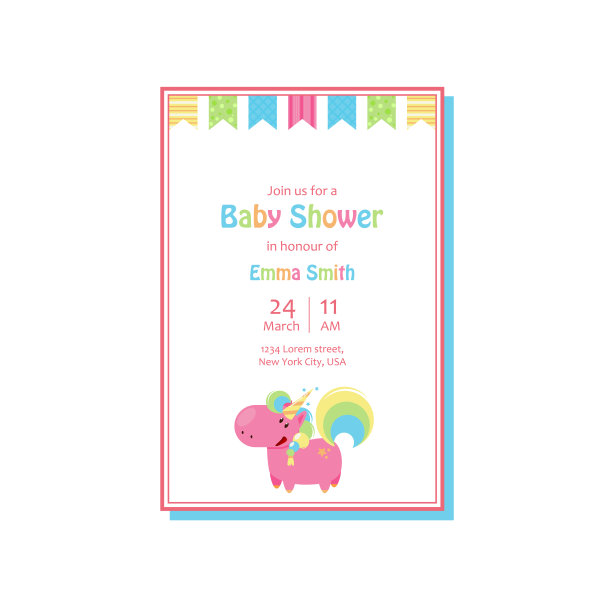 漂亮的婴儿淋浴卡模板与可爱的独角兽。矢量卡通插图的生日邀请图片下载