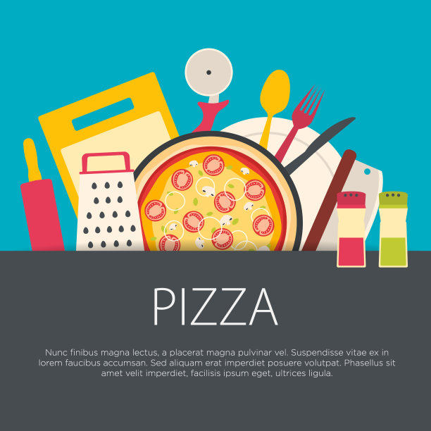 平面设计披萨概念。厨房设备的背景。矢量插图。图片下载