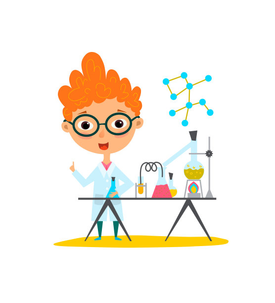 年轻的科学家。一个小孩在做化学实验。手里拿着烧瓶和试管。平面风格矢量卡通插图图片下载
