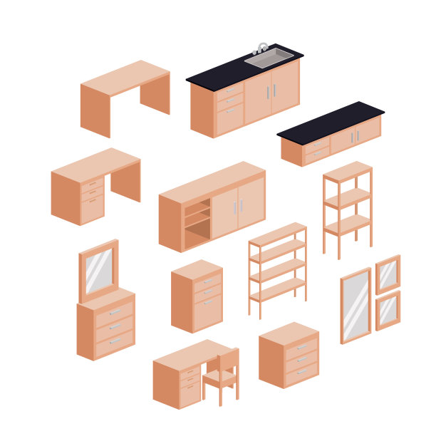 厨房家具在白色的背景上设置了彩色的剪影图片下载