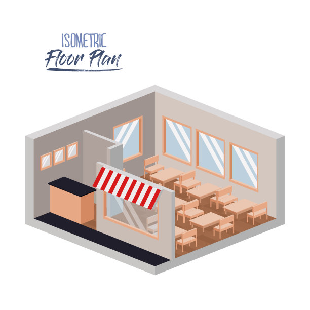 餐厅内部的等距平面图设置了多彩的剪影图片下载